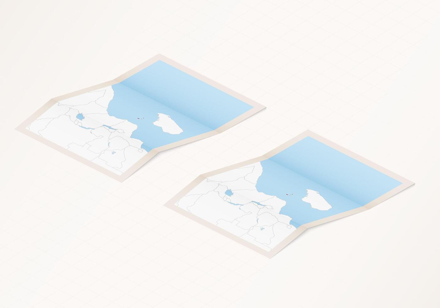 Two versions of a folded map of Comoros with the flag of the country of Comoros and with the red color highlighted. vector