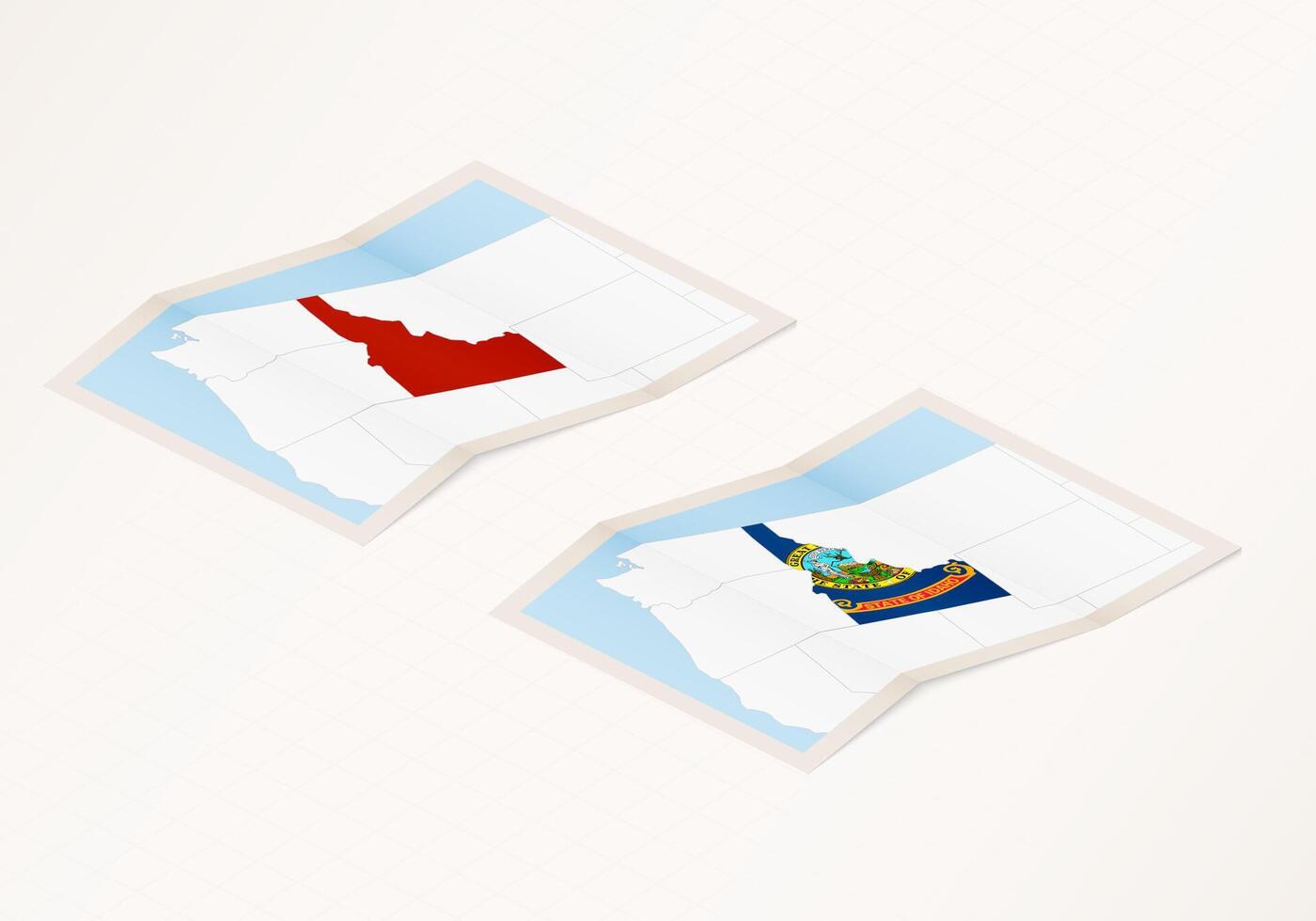 Two versions of a folded map of Idaho with the flag of the country of Idaho and with the red color highlighted. vector