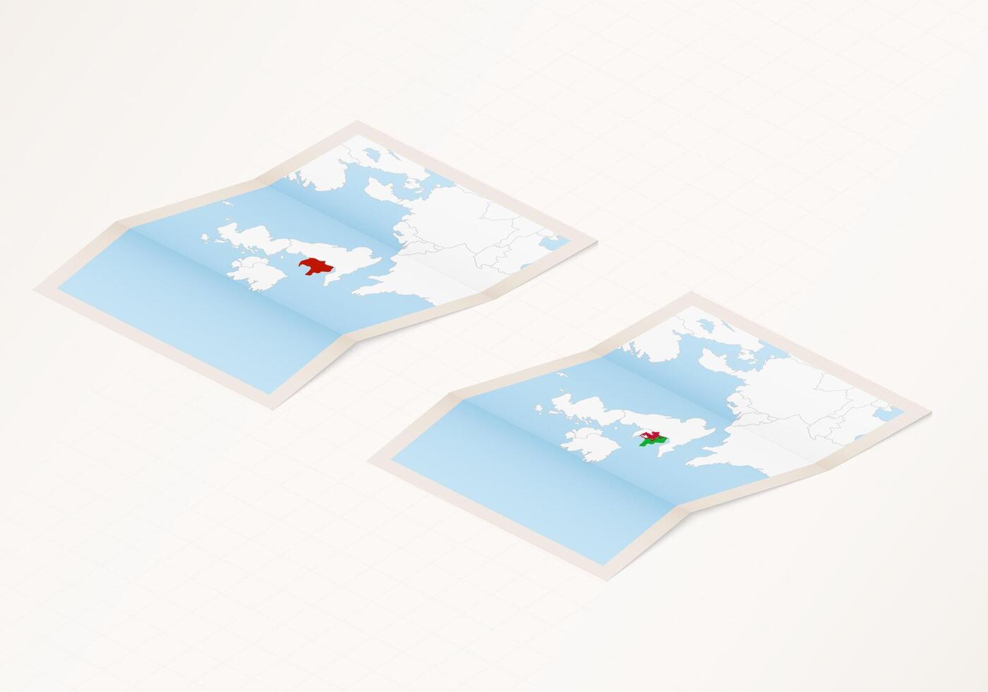 Two versions of a folded map of Wales with the flag of the country of Wales and with the red color highlighted. vector