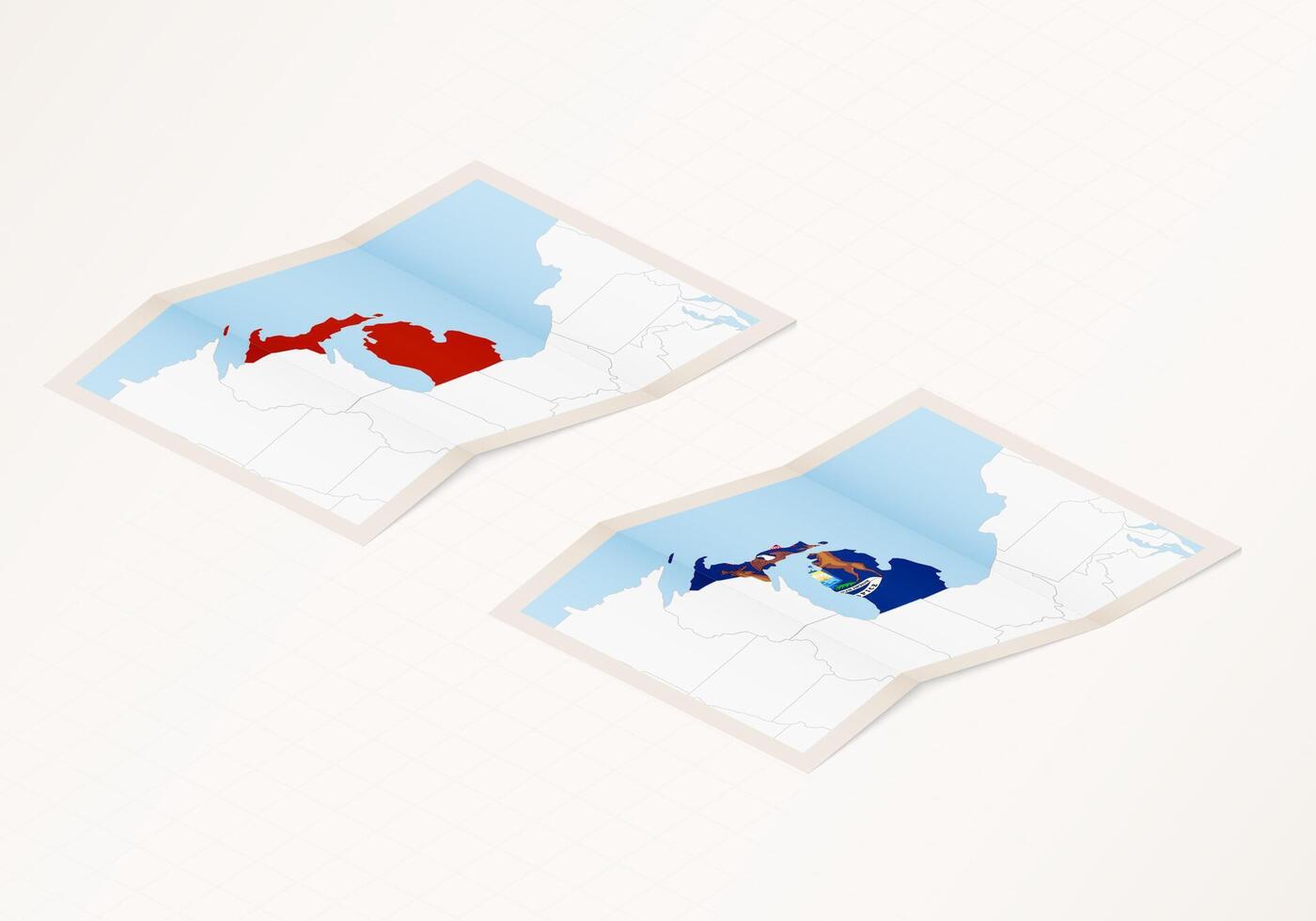 Two versions of a folded map of Michigan with the flag of the country of Michigan and with the red color highlighted. vector