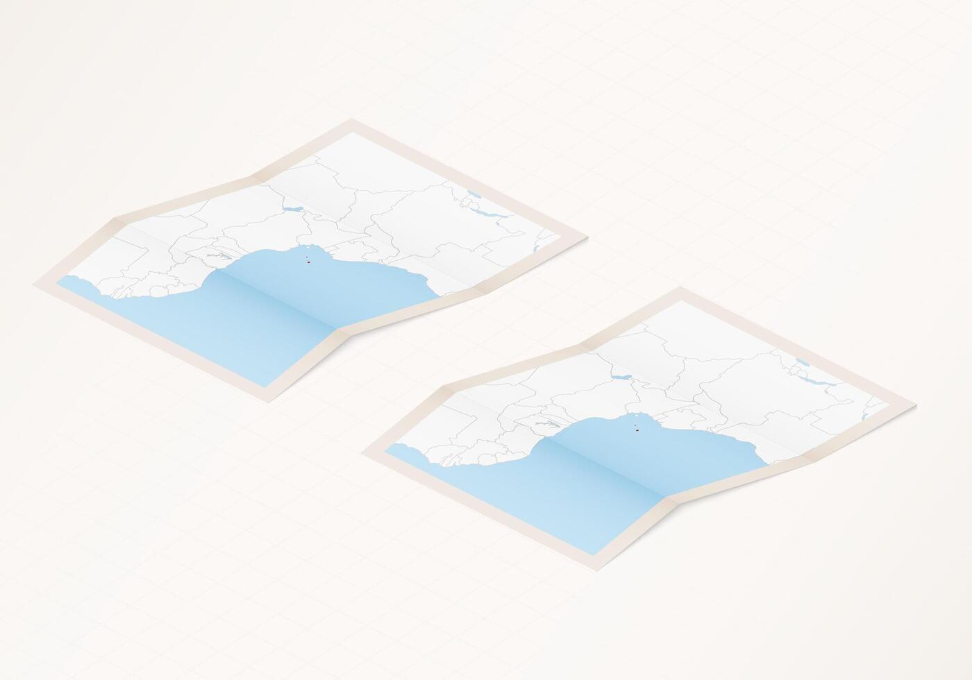 Two versions of a folded map of Sao Tome and Principe with the flag of the country of Sao Tome and Principe and with the red color highlighted. vector