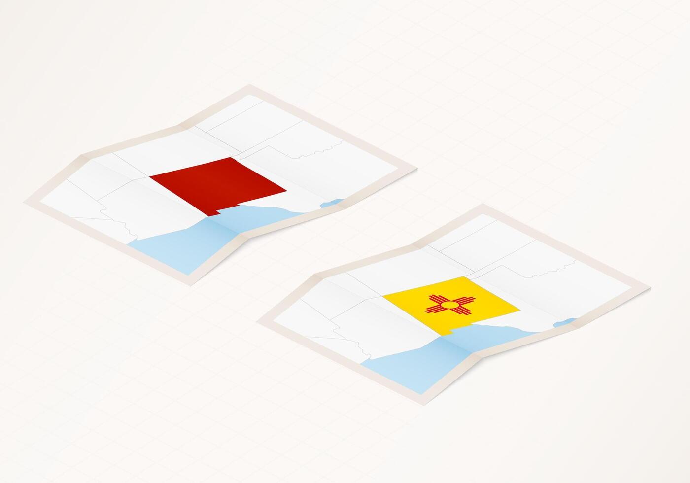 Two versions of a folded map of New Mexico with the flag of the country of New Mexico and with the red color highlighted. vector