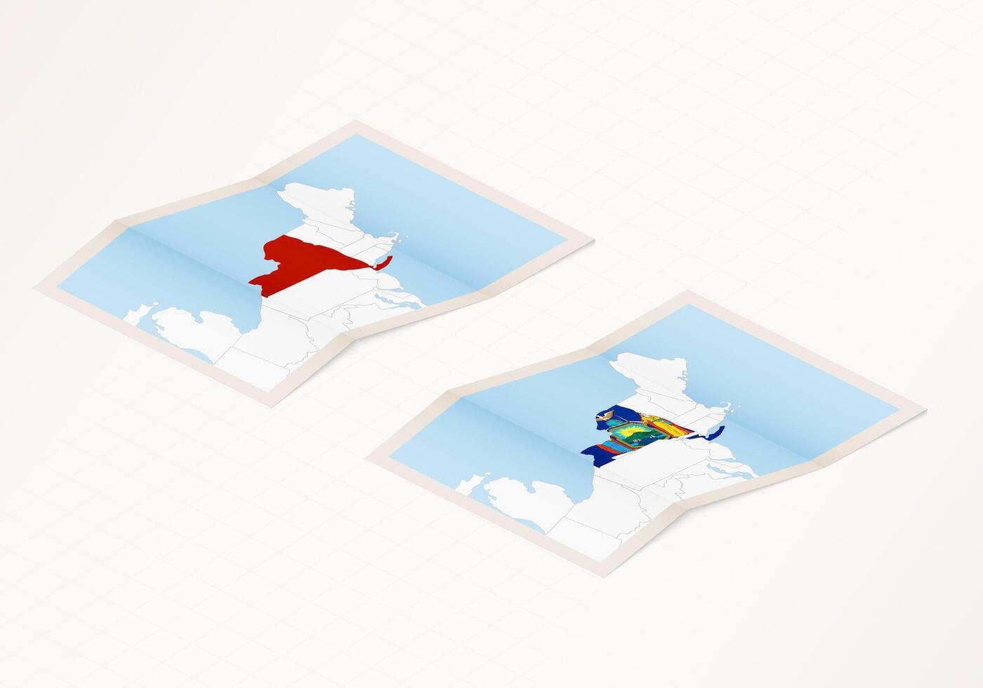 Two versions of a folded map of New York with the flag of the country of New York and with the red color highlighted. vector