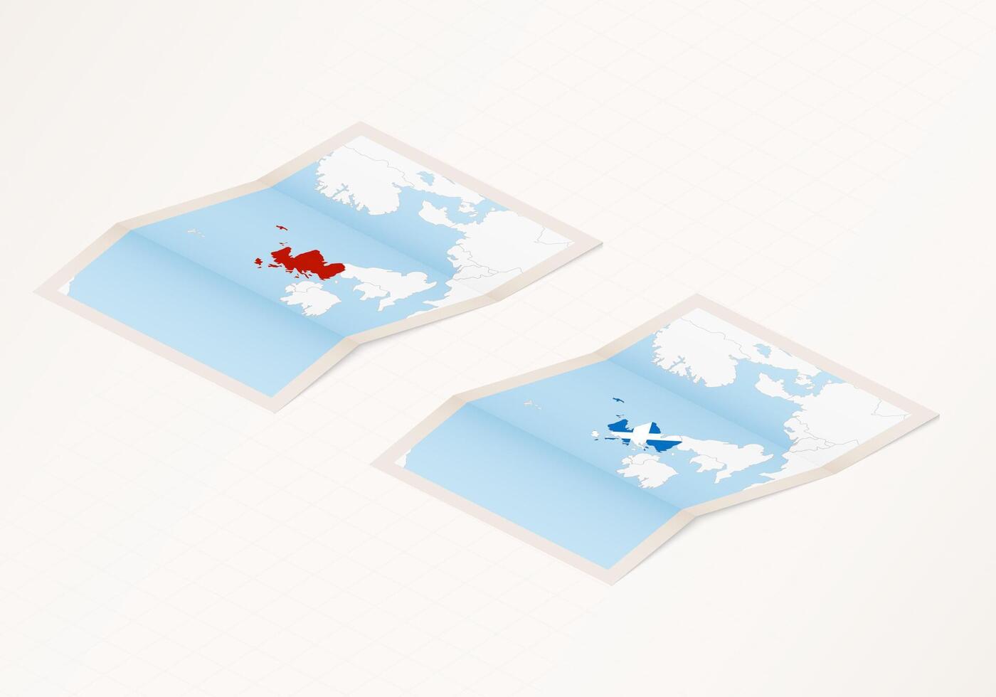 Two versions of a folded map of Scotland with the flag of the country of Scotland and with the red color highlighted. vector