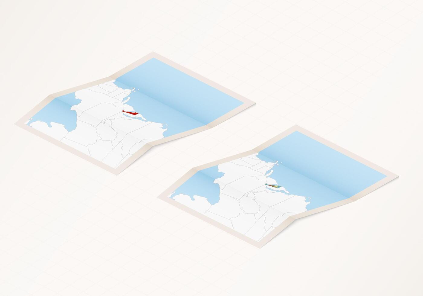 Two versions of a folded map of Delaware with the flag of the country of Delaware and with the red color highlighted. vector