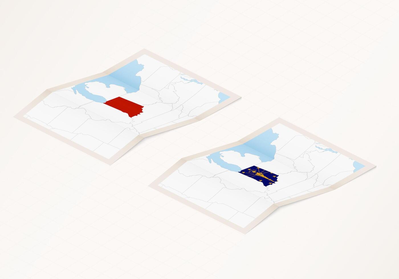 Two versions of a folded map of Indiana with the flag of the country of Indiana and with the red color highlighted. vector