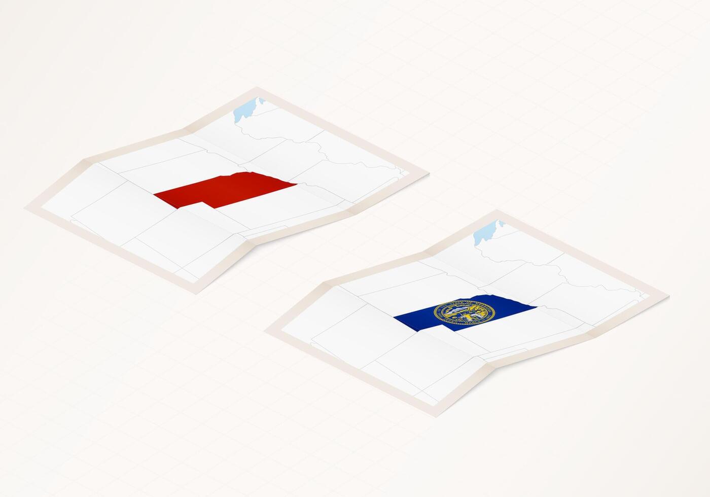 Two versions of a folded map of Nebraska with the flag of the country of Nebraska and with the red color highlighted. vector