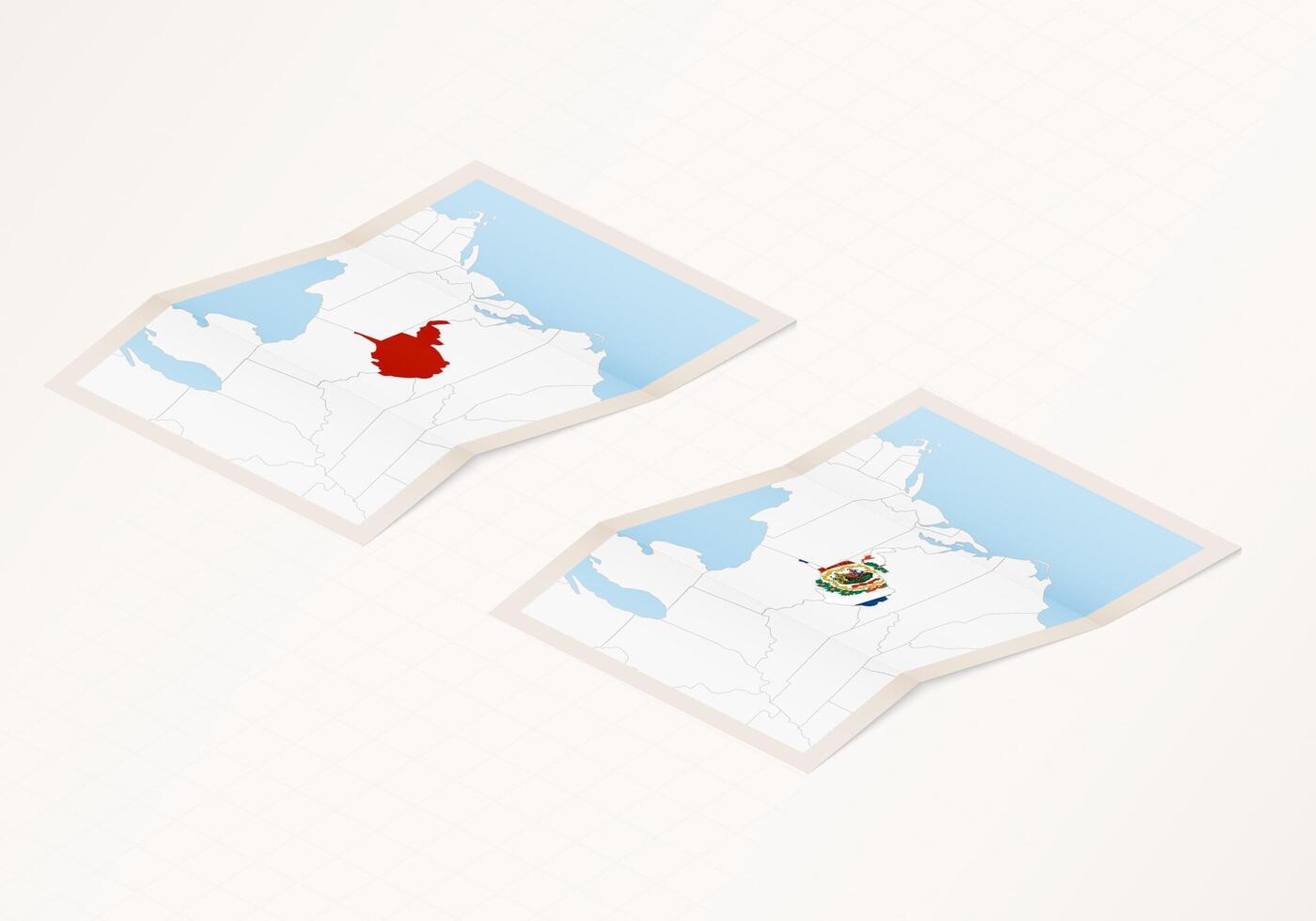 Two versions of a folded map of West Virginia with the flag of the country of West Virginia and with the red color highlighted. vector