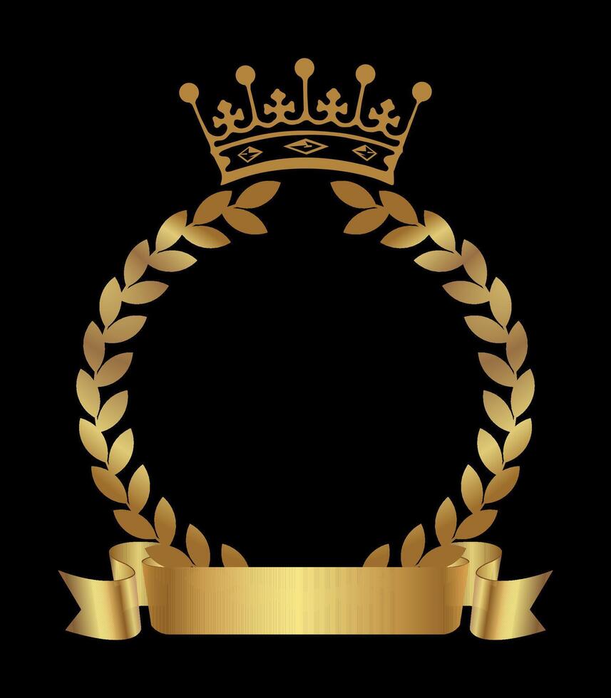 Realistic Golden Crown with Laurel Wreath and Gold Ribbon for text, isolated on black background. Golden laurel wreath with ribbon and crown. Illustrations of awards and honors vector