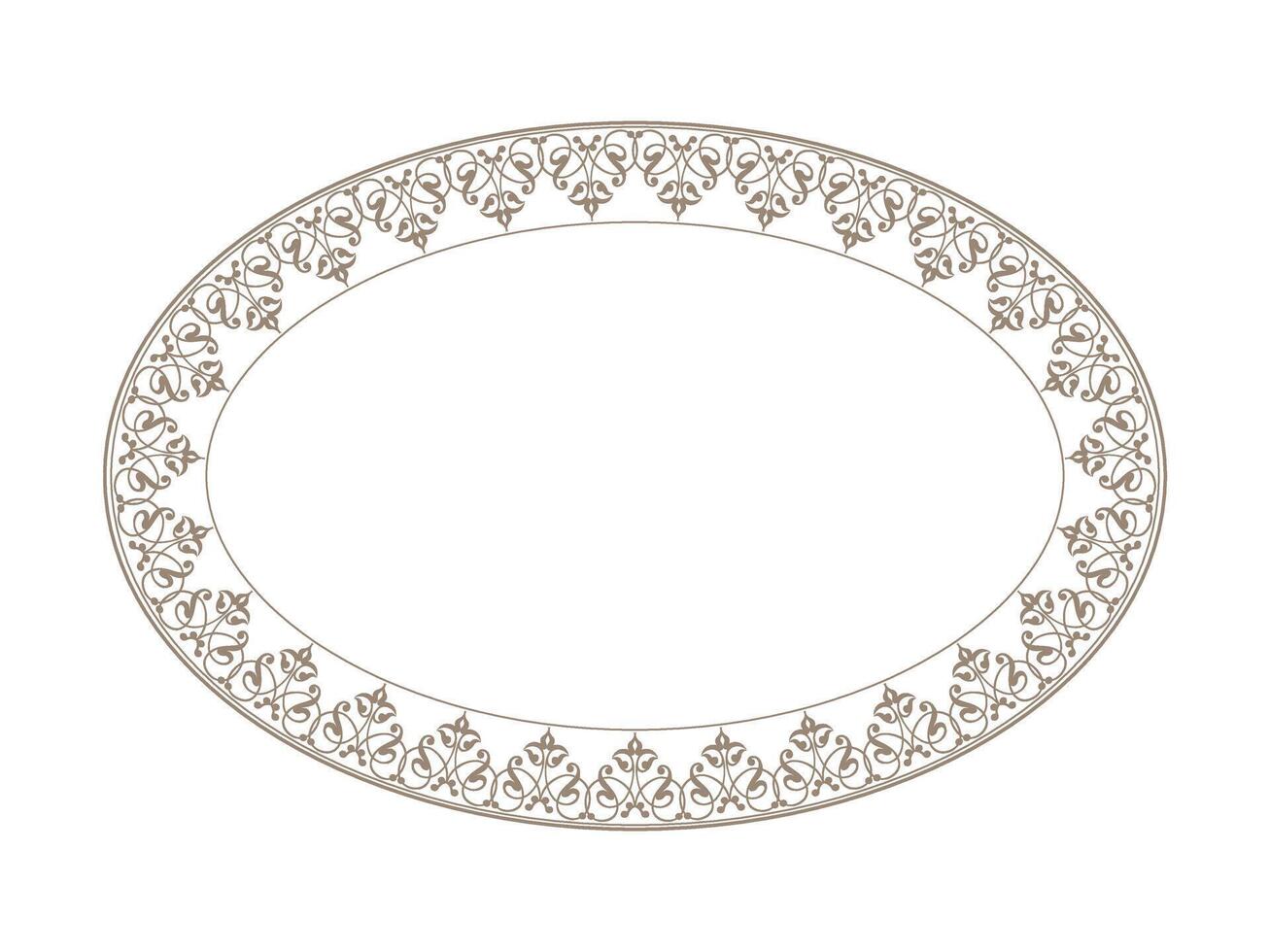Geometric mediterranean Seamless Pattern, oval gold frame arabesque. Oriental porcelain plate with gold pattern on white background. Pattern frame for oval ceramics, textiles, patchworks, embroidery vector