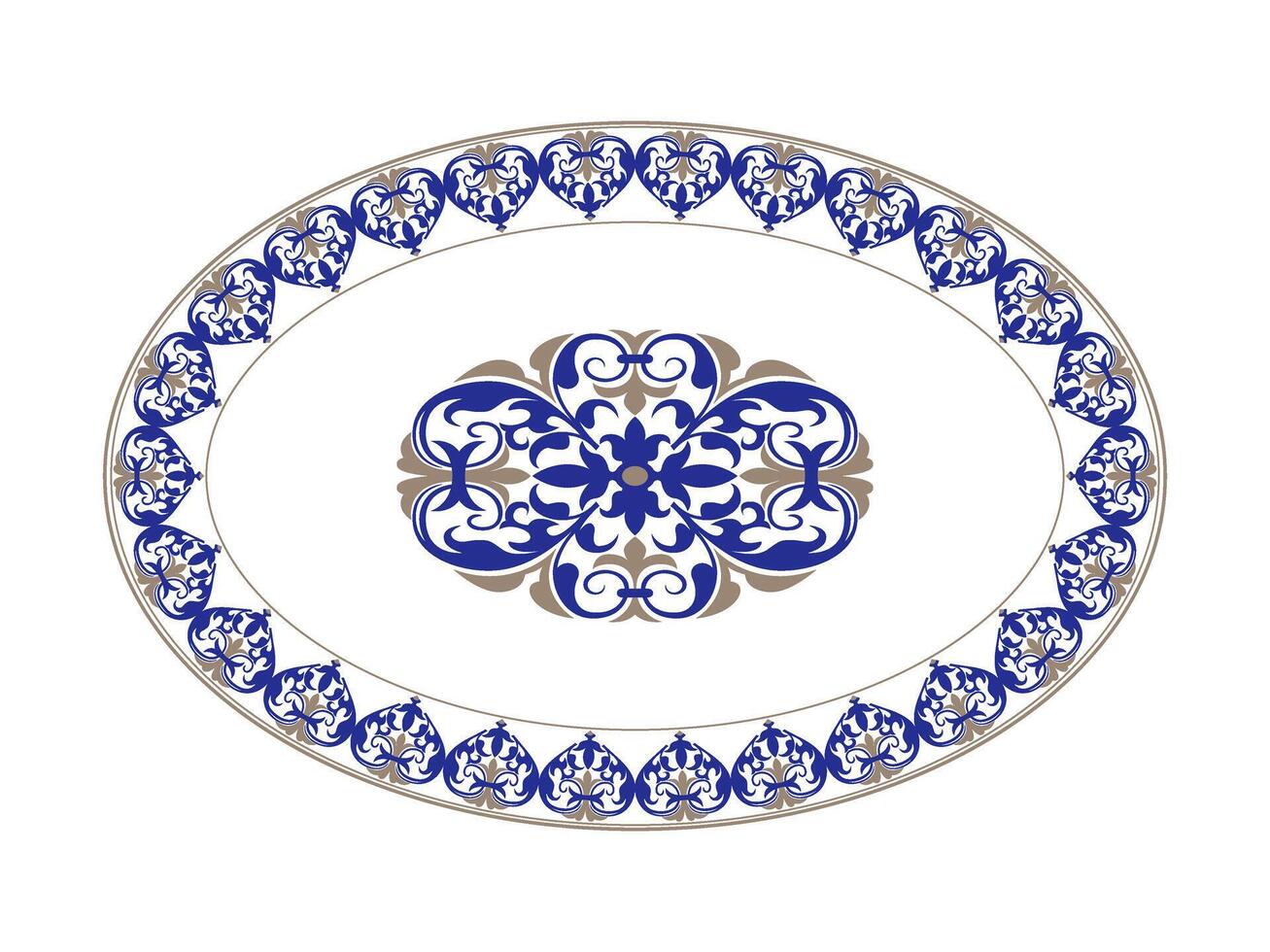 Oriental porcelain plate with golden blue pattern on white background. Oval frame arabesque. Plate with a large floral element in the center. Moroccan pattern. Pattern frame for oval ceramics, textile vector