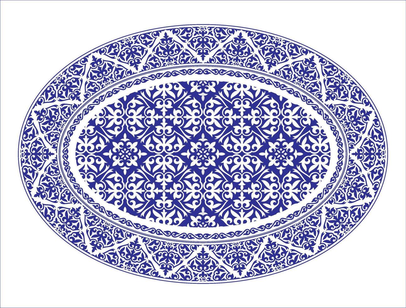 Ovate Ceramic plate in portuguese azulejo style. Ethnic decorative element. Islamic, Arabic, Indian, ottoman motif. Vintage ethnic frame Pattern for oval surface, household utensil, embroidery vector