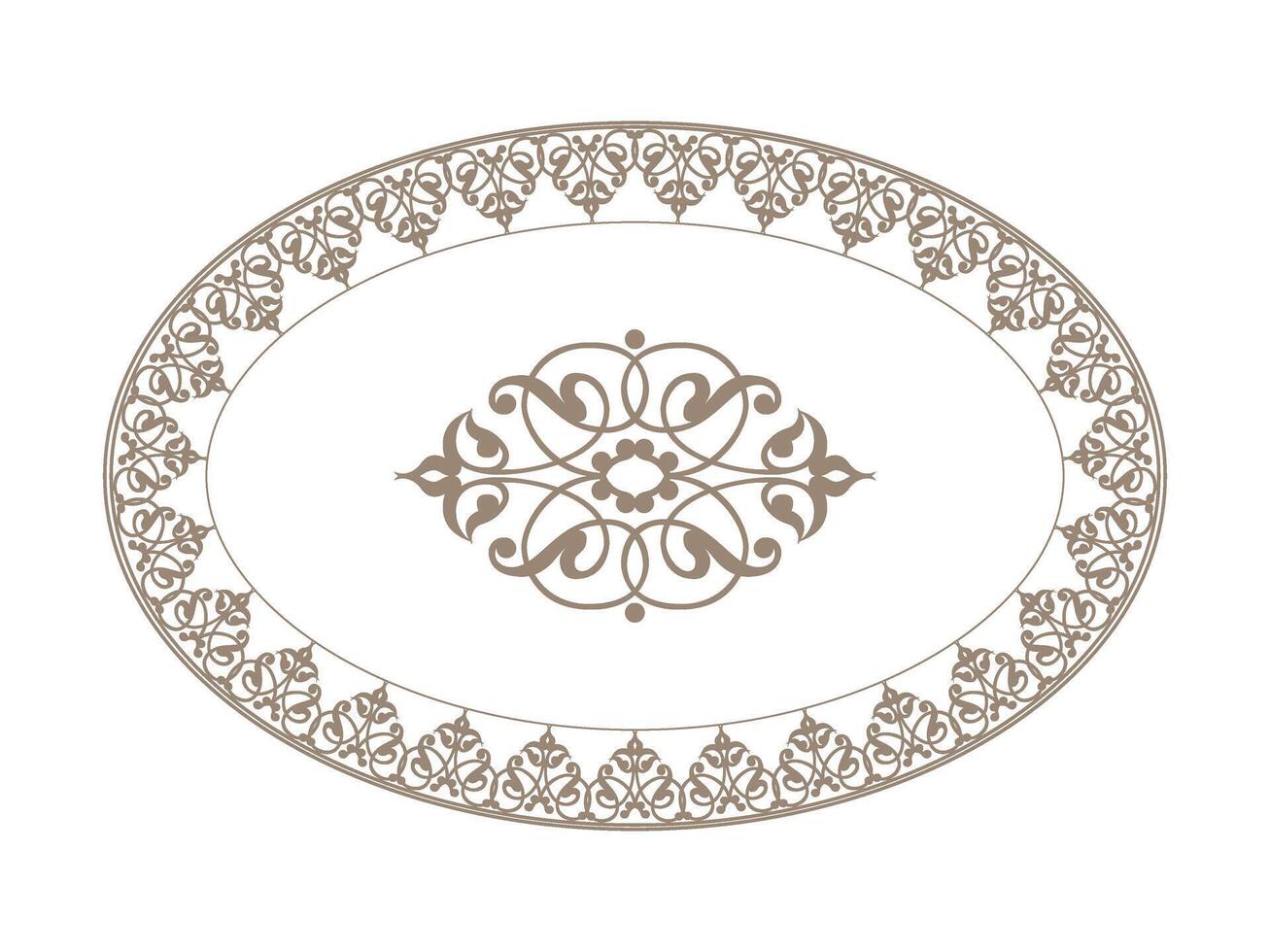 Oval frame arabesque. Oriental porcelain plate with gold pattern on white background. Plate with large floral element in the center. Pattern frame for oval ceramics, textiles, patchworks vector