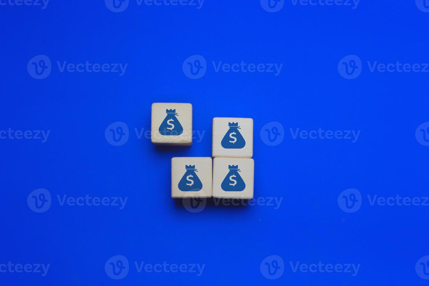 Finance and currency exchange concept. Investment. Money bag icon on wooden block photo