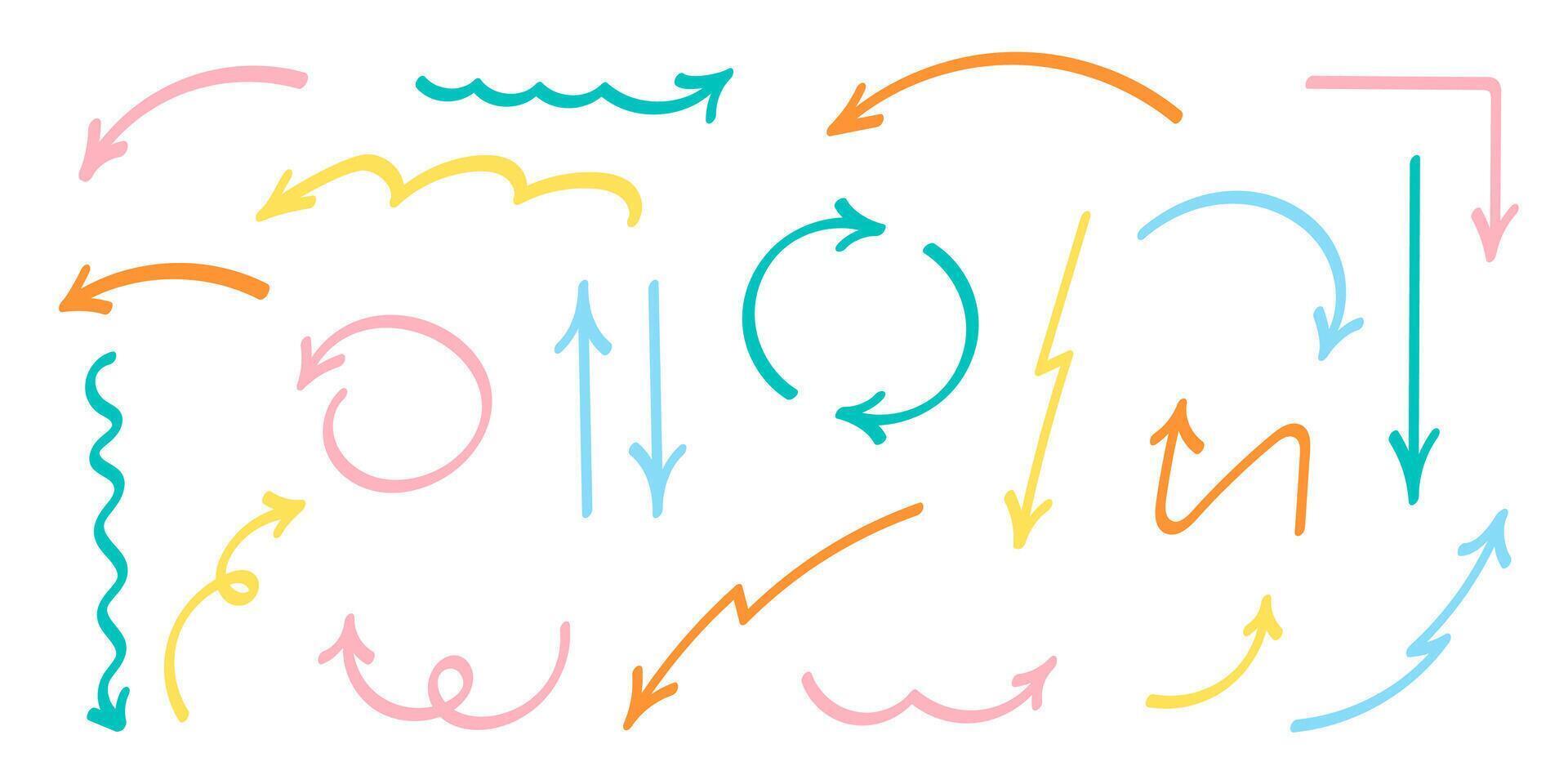 Hand drawn colorful crayon arrows set different shapes and directions. Arrows in different directions collection. vector