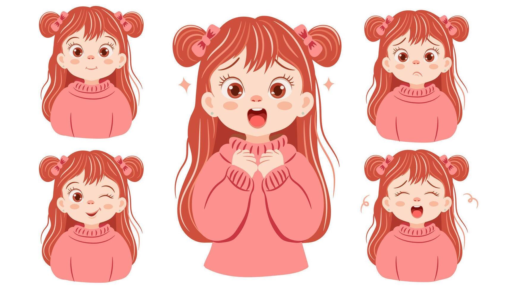 Set of children emotions. Cute little girl with long pink hair. Expressions - surprised, resentful, happy, sad, angry, joy and others. Illustrations on white background. vector