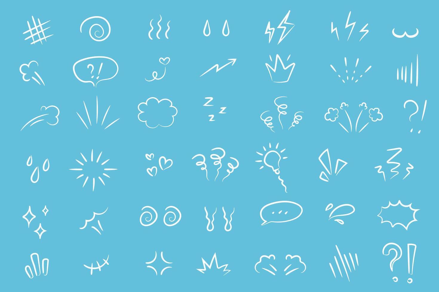 Set of doodle brush signs inspiration, surprise, attention, question, love, idea, tears on blue background vector
