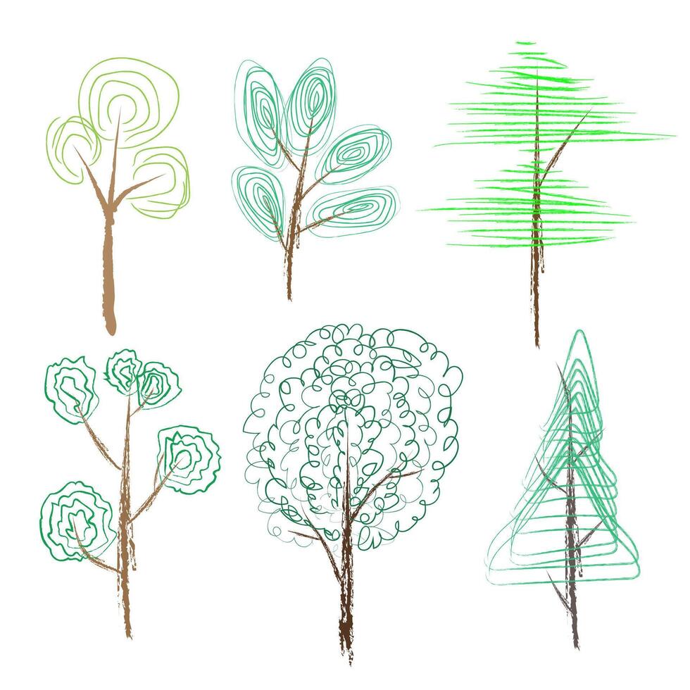 set of children's hand-drawn doodles trees vector