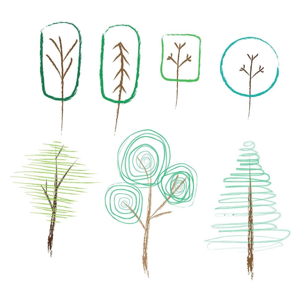 colorful set of children's doodle trees vector