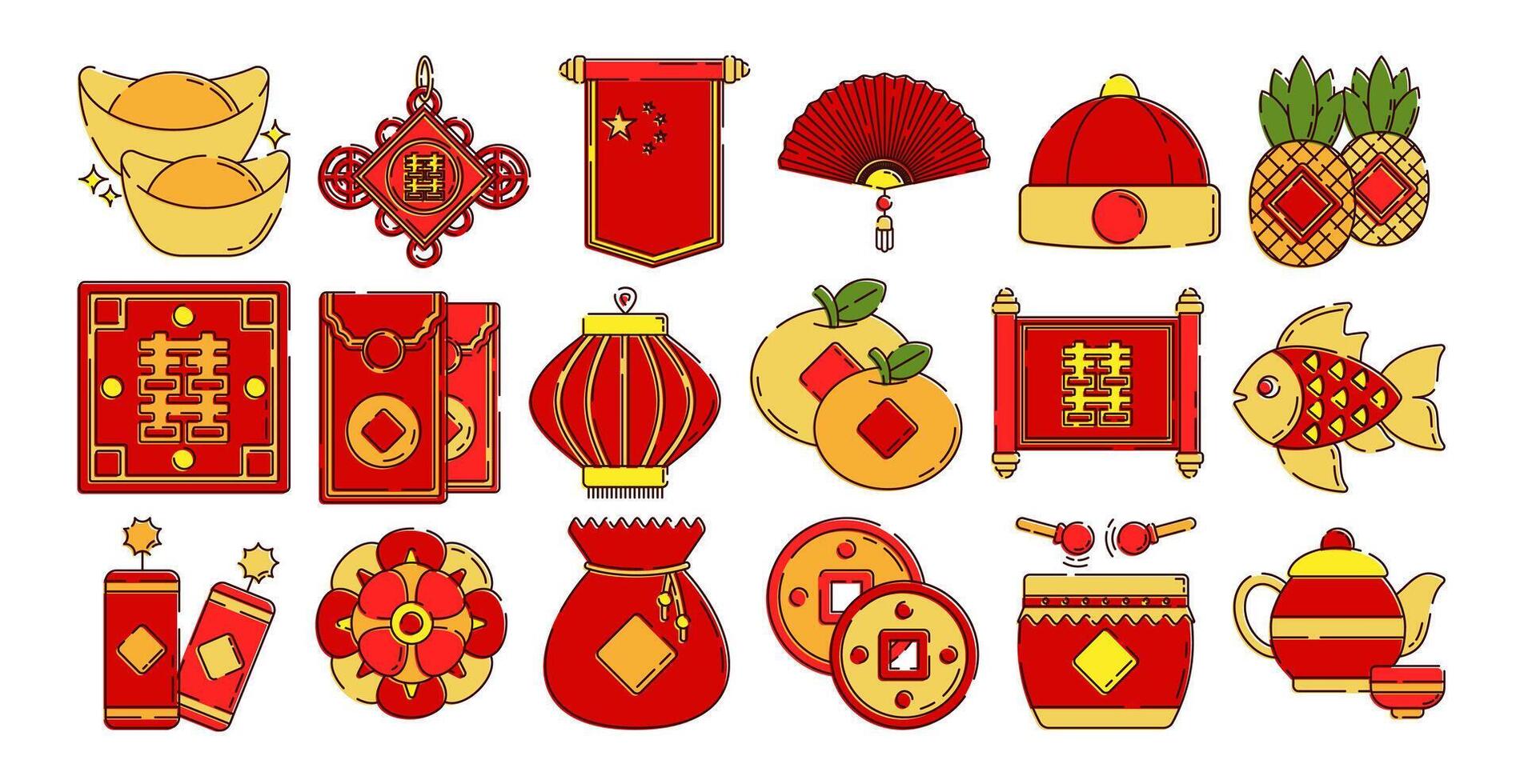 Chinese New Year doodle illustrations featuring gold ingots, lanterns, red envelopes, fireworks, fish, pineapple, tea set, and more festive symbols. Perfect for holiday themed designs. vector