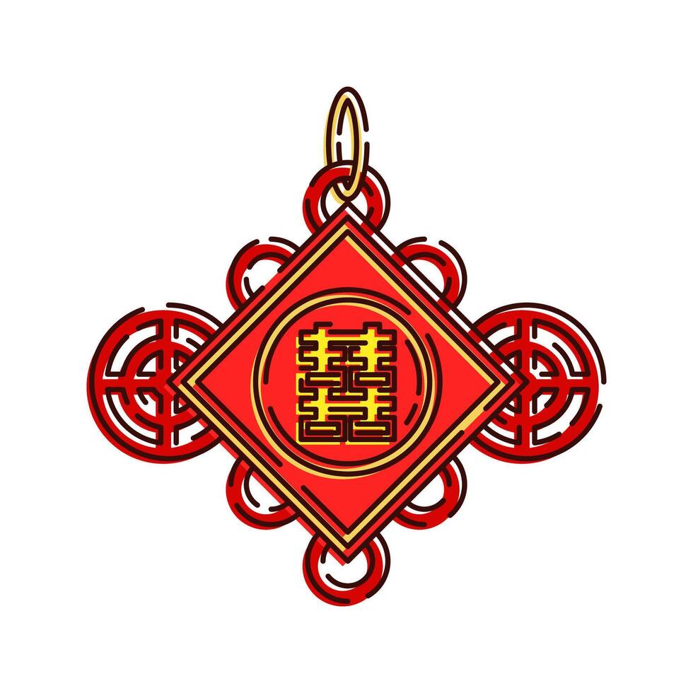 Chinese Knot Ornament Illustration, A decorative red knot with the Double Happiness symbol, representing good luck and unity. vector