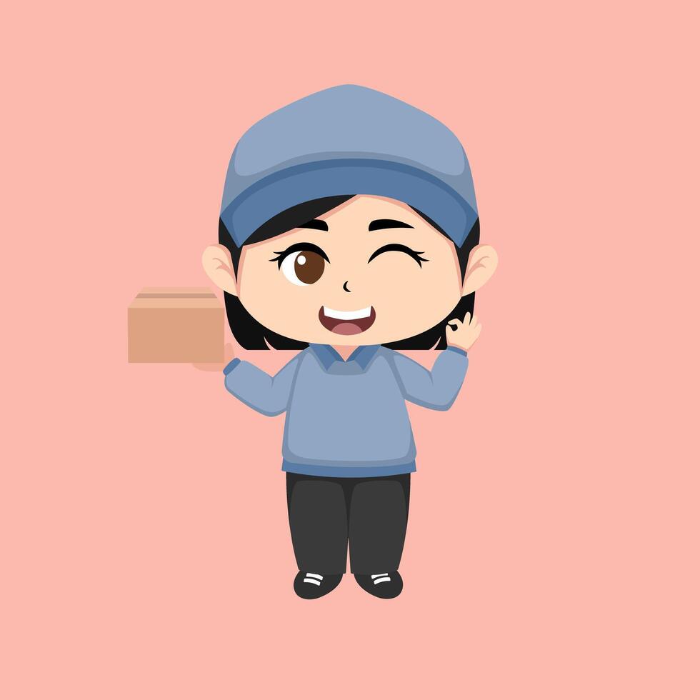 Cute chibi girl delivery service vector