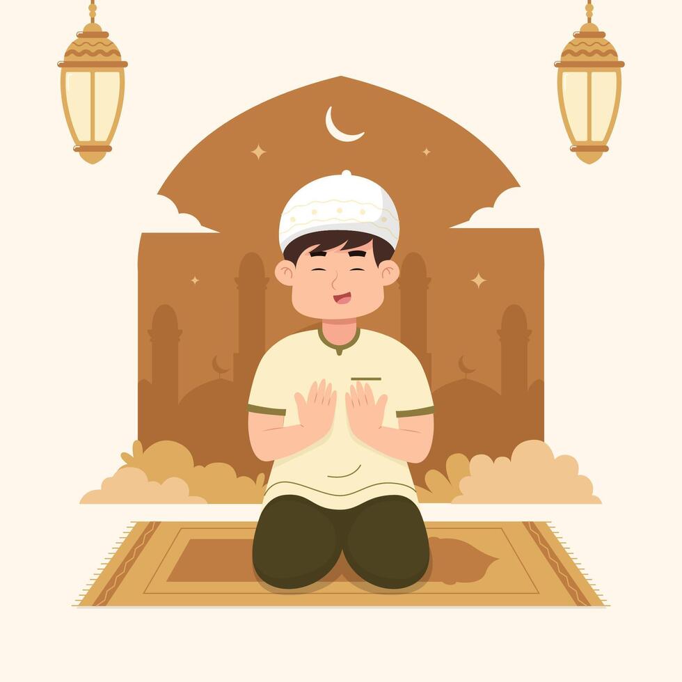 Muslim boy praying in the mosque vector
