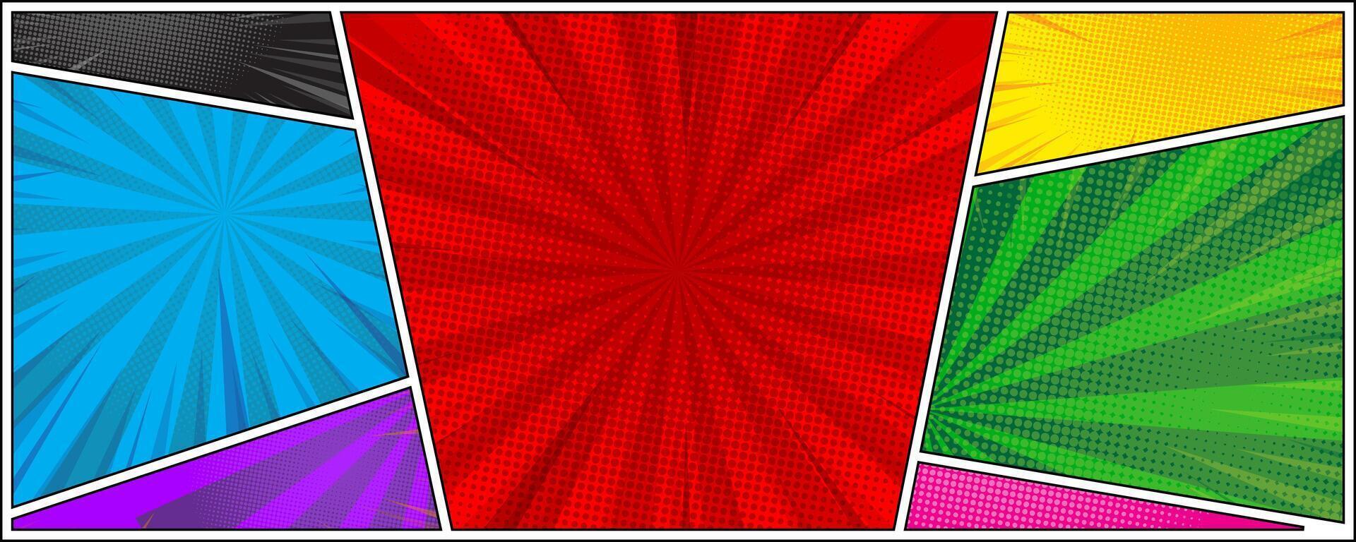 comic book page template in red, blue, yellow, green, purple, black cases for cartoons, posters, texts vector