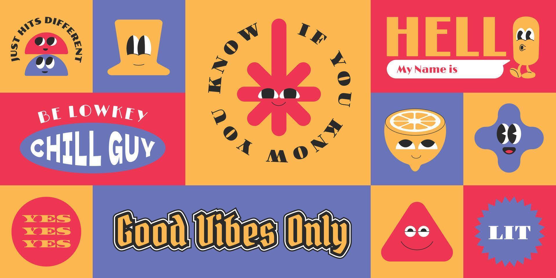 Groovy character collection. Hipster geometric shape elements with gen z and millenials slang words. vector