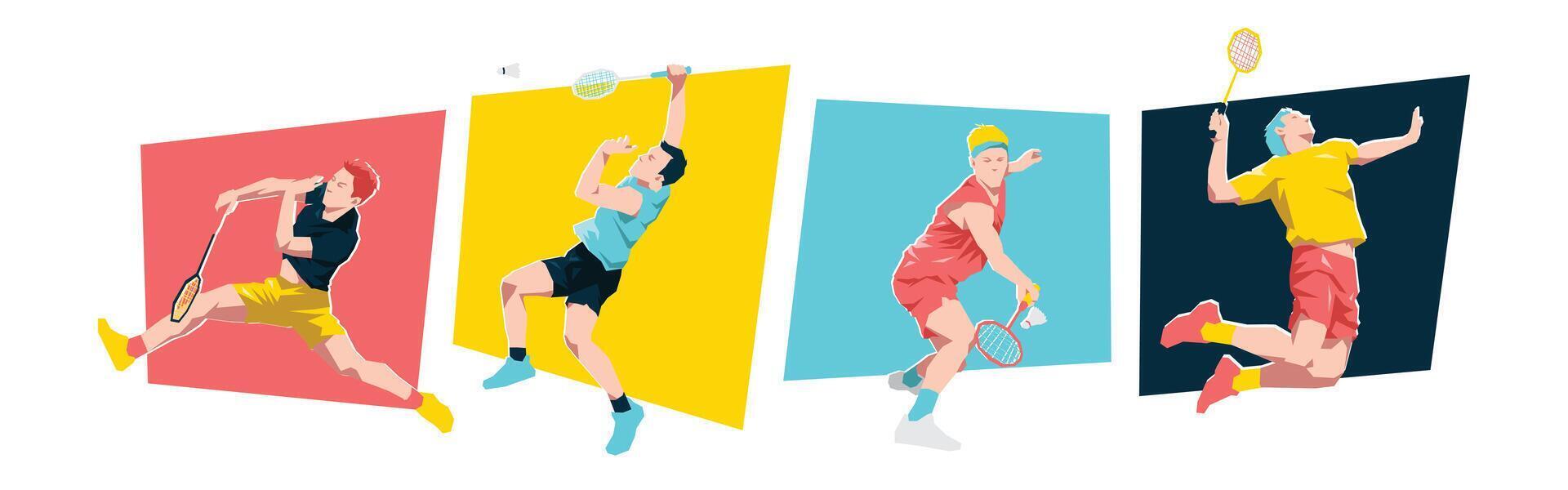 Set of male badminton players. Badminton athlete character. Isolated on white background. Flat graphic illustration. vector