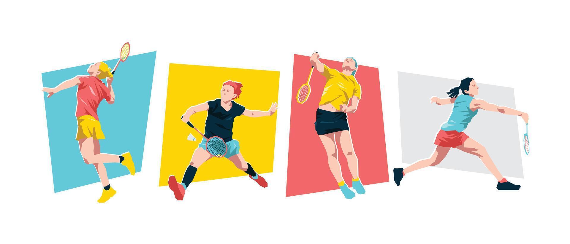 Set of female badminton players. Badminton athlete character. Isolated on white background. Flat graphic illustration. vector