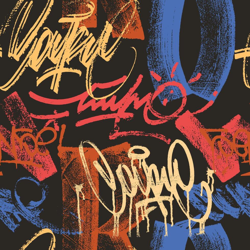 Abstract graffiti background. Street art covers with paint splashes, scribbles and tags. Trendy hand drawn banner or poster, seamless pattern for textile print vector