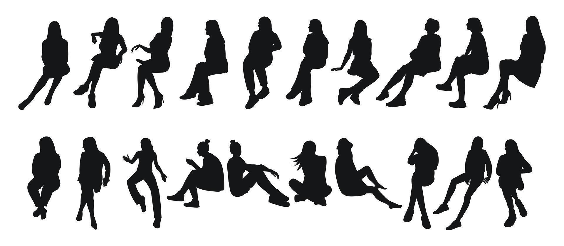 Silhouette of sitting people, image of a group of female figures. Silhouettes of women in diverse poses against, showcasing body language and movement vector