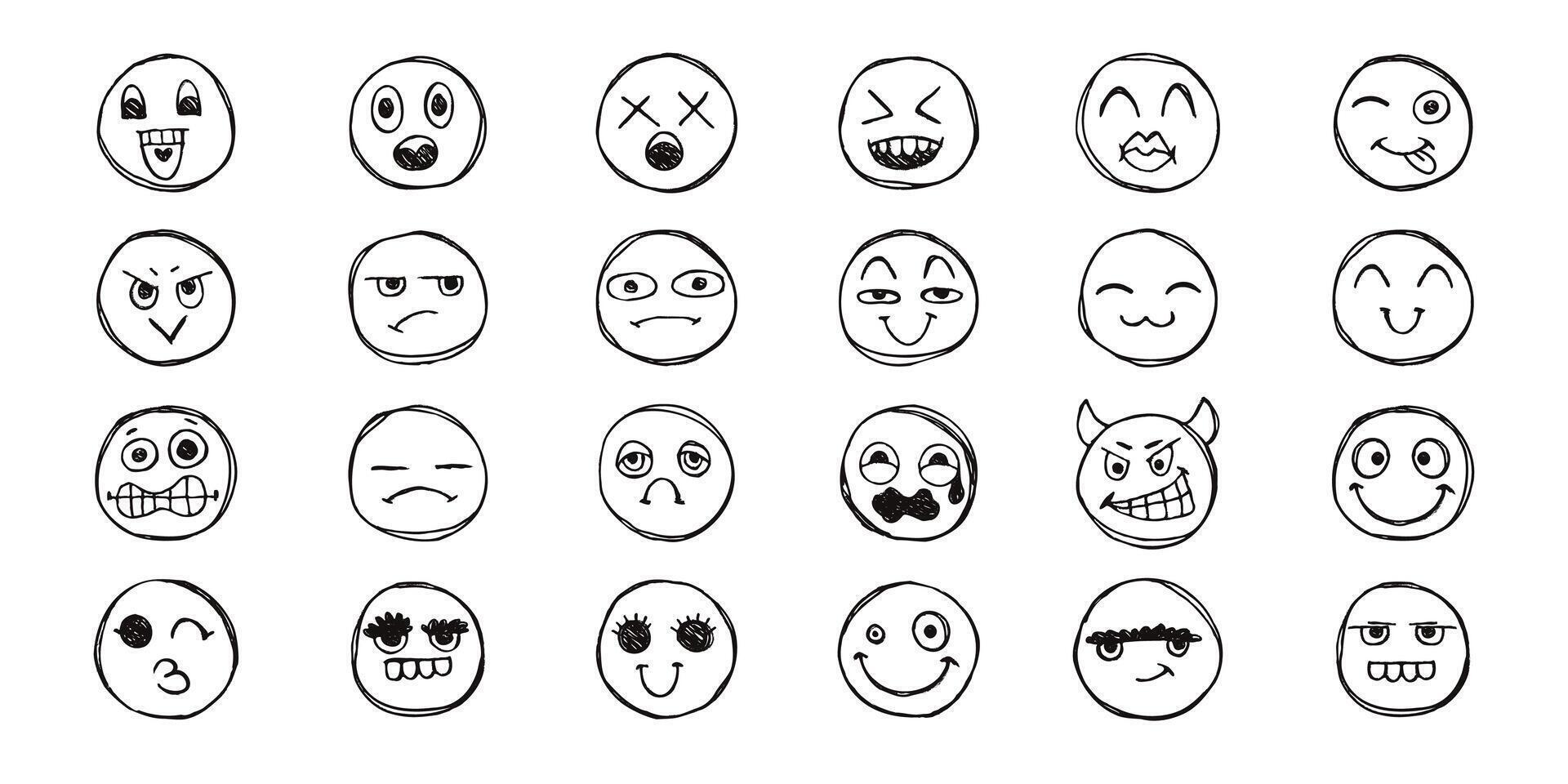 Collection of Cute Pencil Drawn Icons on Paper, Smiley faces with Grunge Effect. Doodle sketch faces. Cute and comic line art emoticon expressions. vector