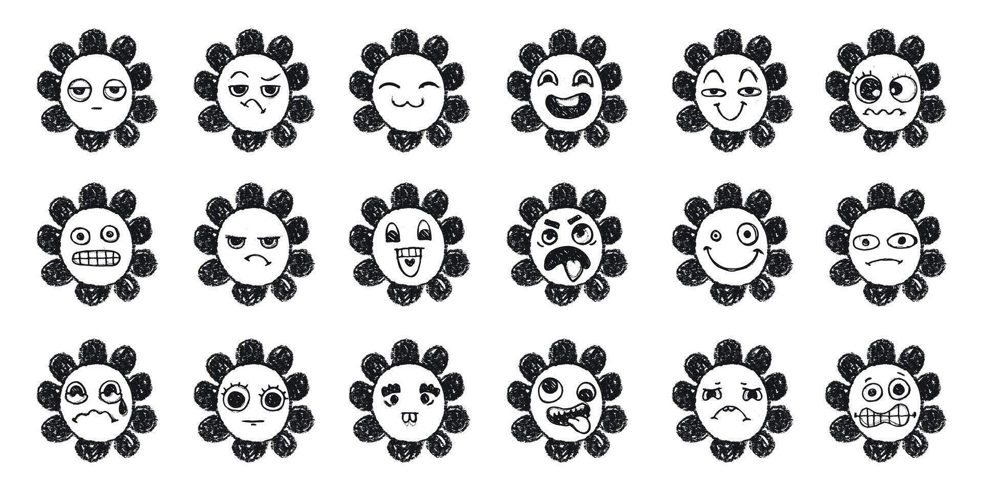 Collection of Cute Pencil Drawn Flower on Paper, Smiley faces with Grunge Effect. Doodle sketch faces. Cute and comic line art emoticon expressions. vector