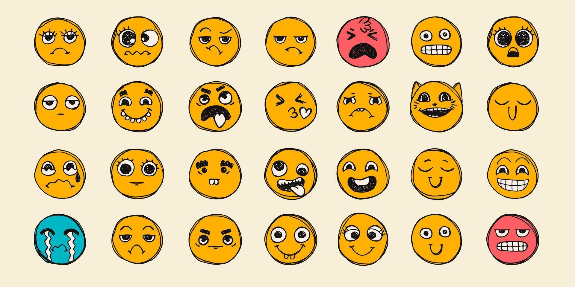 Cute Set of Pencil Drawn Icons on Paper, Smiley faces with Grunge Effect. Doodle sketch faces. Cute and comic line art emoticon expressions. vector