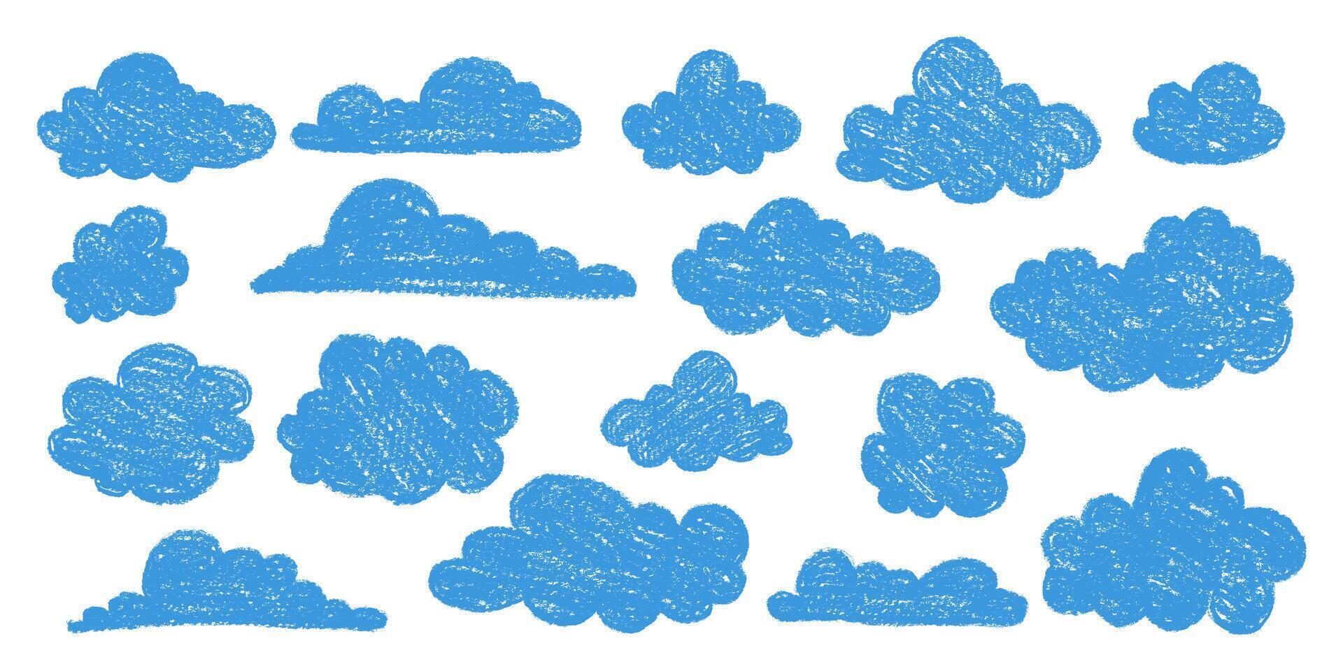 Blue Hand Drawn Clouds with Grunge Texture. Pencil drawings of clouds. Abstract cartoon and fluffy cloud icons. vector