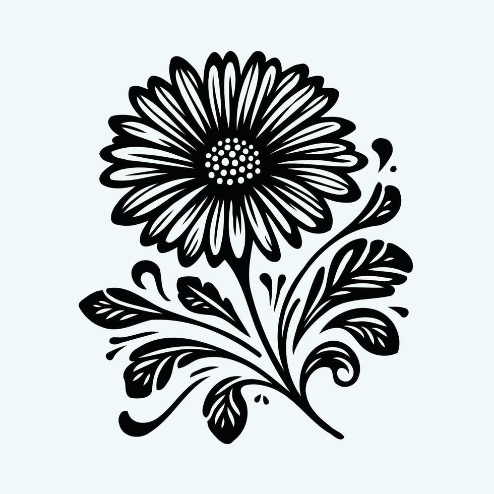 A black and white flower with leaves, Chamomile flowers, linear illustration isolated on white background. Line art, engraving style. vector