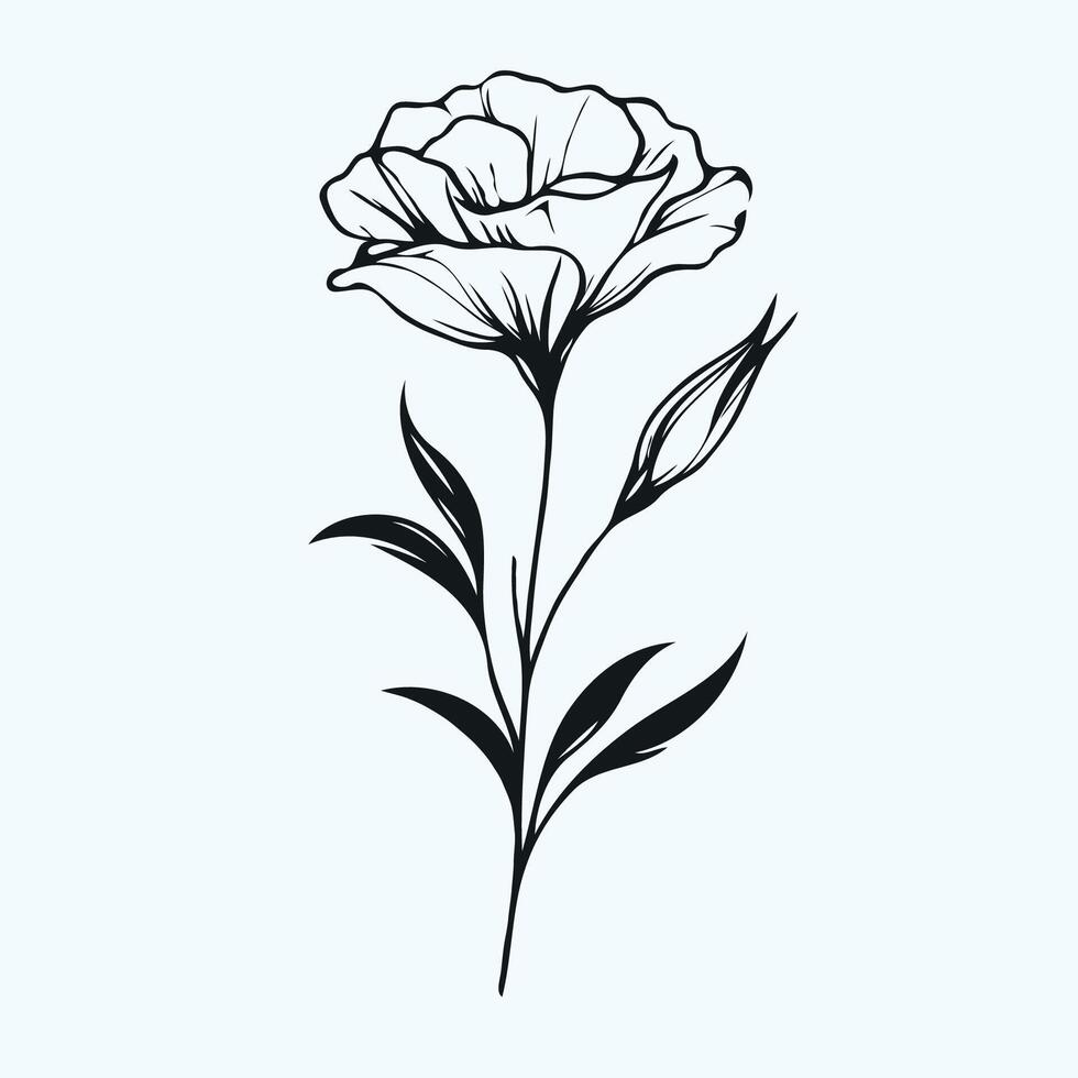 Lisianthus flower leaf hand drawn design, flowers, buds, leaves and stems in engraving style. Hand drawn realistic open and unblown buds. Decorative elements for, greeting card, wedding invitation. vector