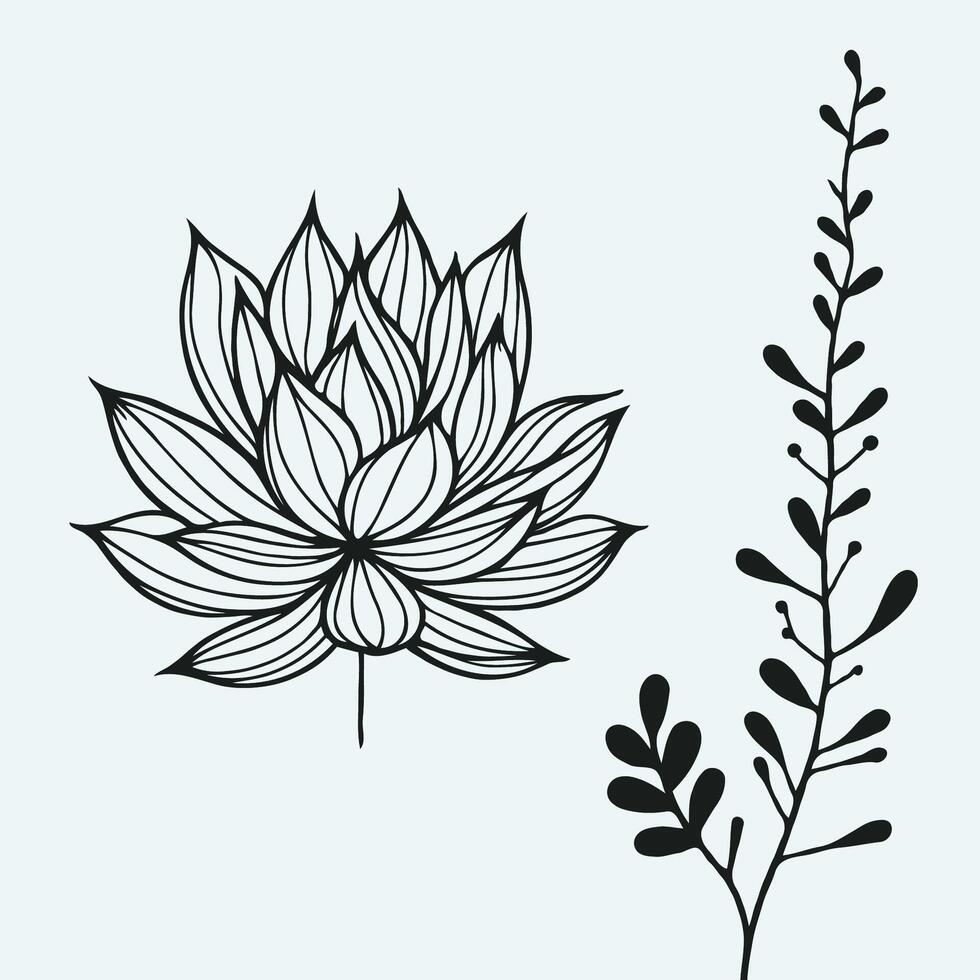 flower branch coloring page pencil line art illustration, set of decorative elements of plants vector