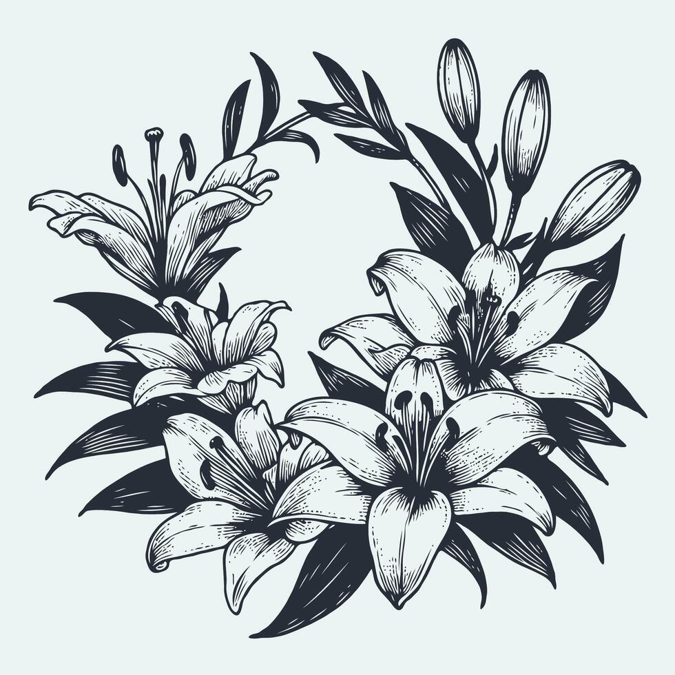 Decorative element with outline lilies sketch, lily flower, Outline floral wreath of flowers, elegant floral frame, Floral background in line art. vector