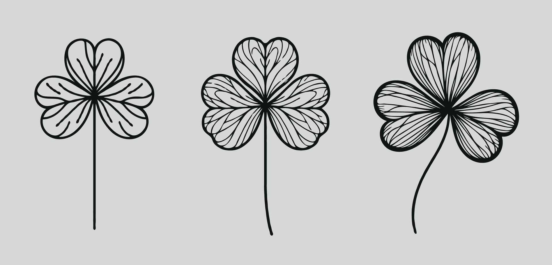 Set of drawing clover leaves, clover leaf flora doodle hand drawn sketch line art flower leaves vector