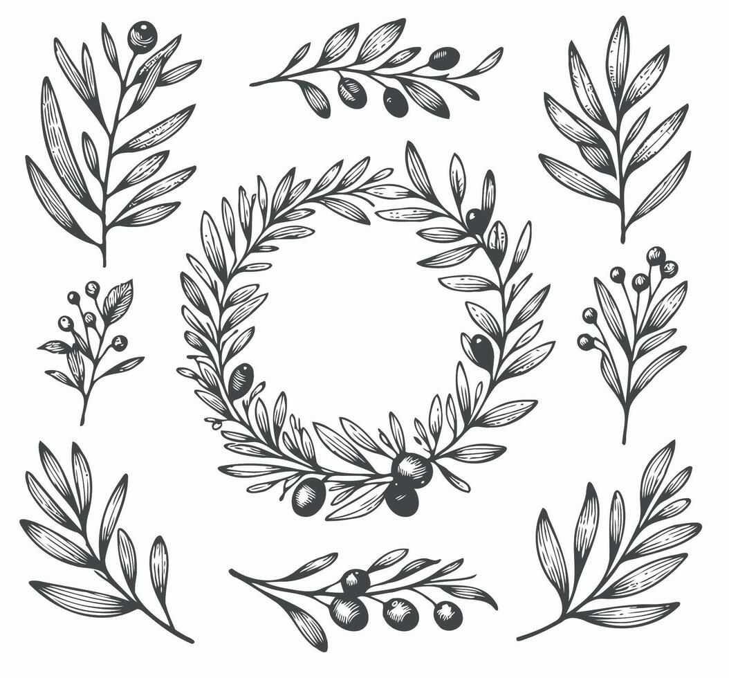Laurel Motif, wreath symbol. A wreath with leaves and a symbol for the winner of the contest. A wreath with the words olives on it, Outline olive branch vector
