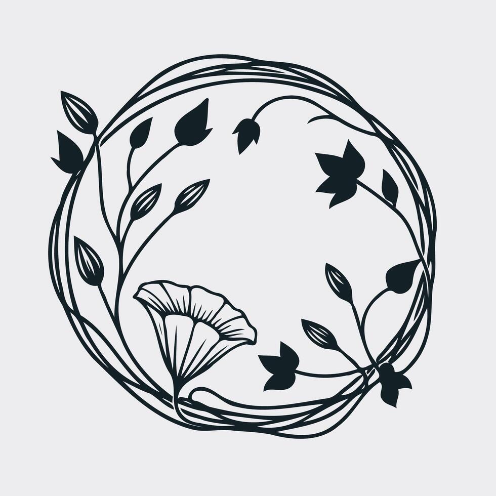 Decorative element with outline bluebell, morning glory flower, floral border with a wreath vector