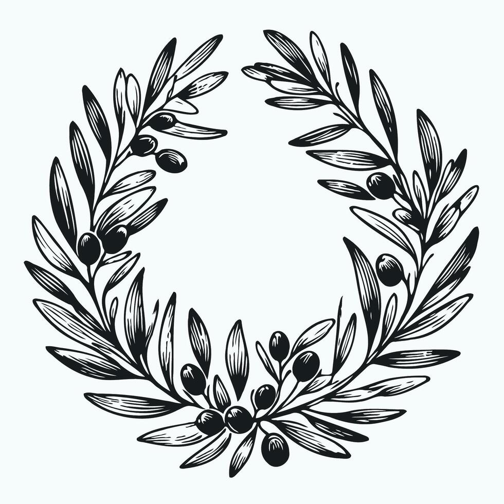 Laurel Motif, wreath symbol. Outline olive branch, Olive Branches, A wreath with a green leaves and a symbol for the winner of the contest. A wreath with the words olives on it vector