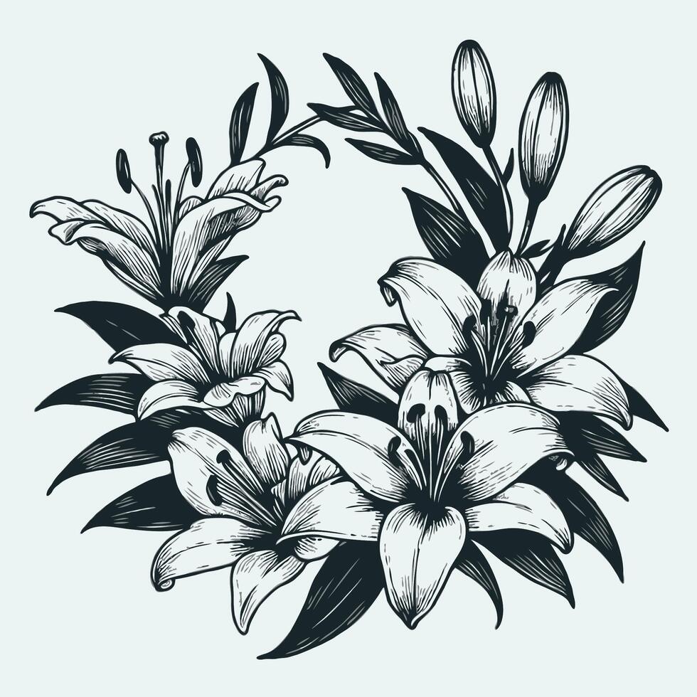 Decorative element with outline illustration of lily flowers, Hand drawn wreath line art. Circle floral frame in black ink sketch style. Elegant wedding invitation design. Botanical clipart vector
