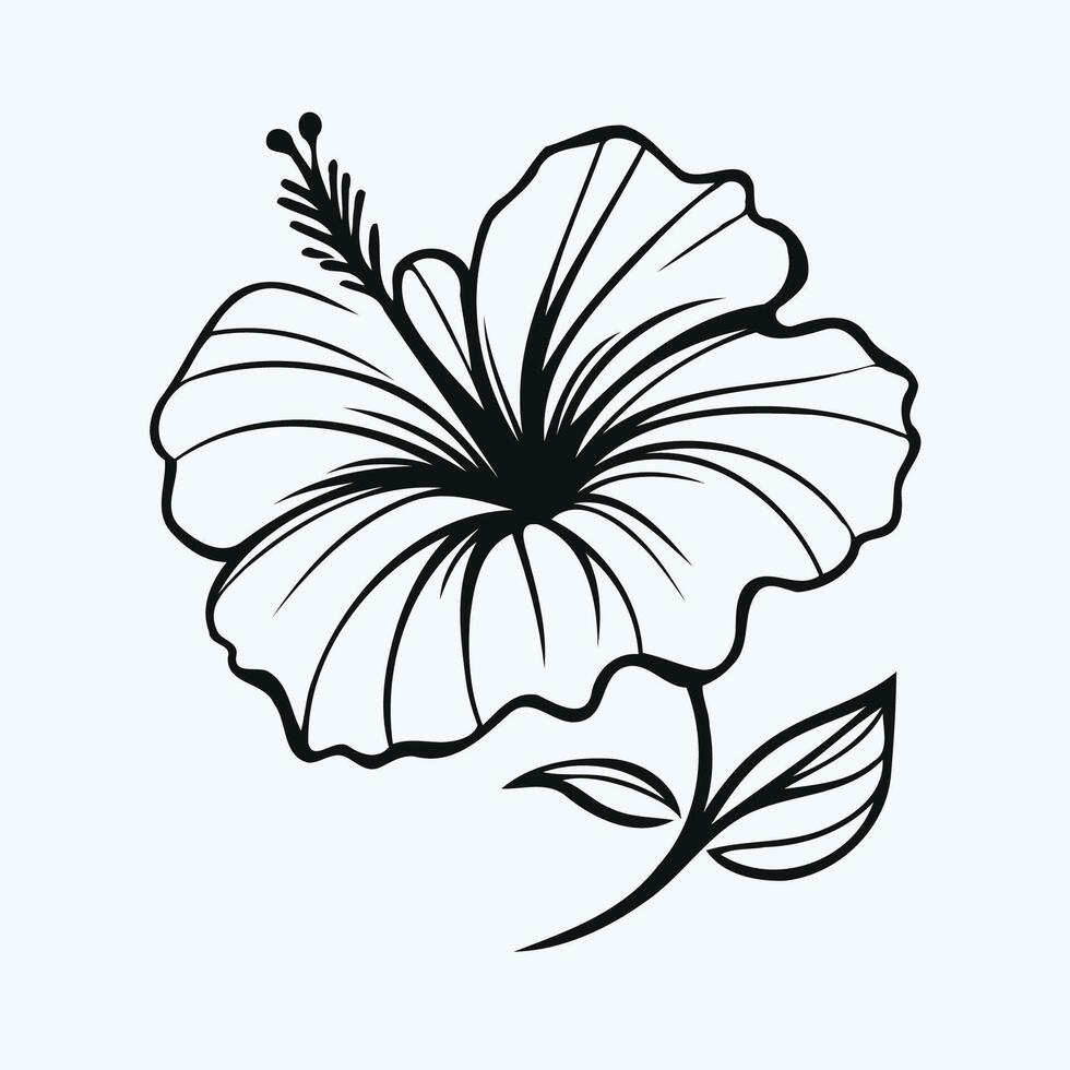 Hibiscus flower icon, drawing contour flowers hibiscus line art floral, black and white illustration Chinese rose, set of decorative elements of plants stylized vector