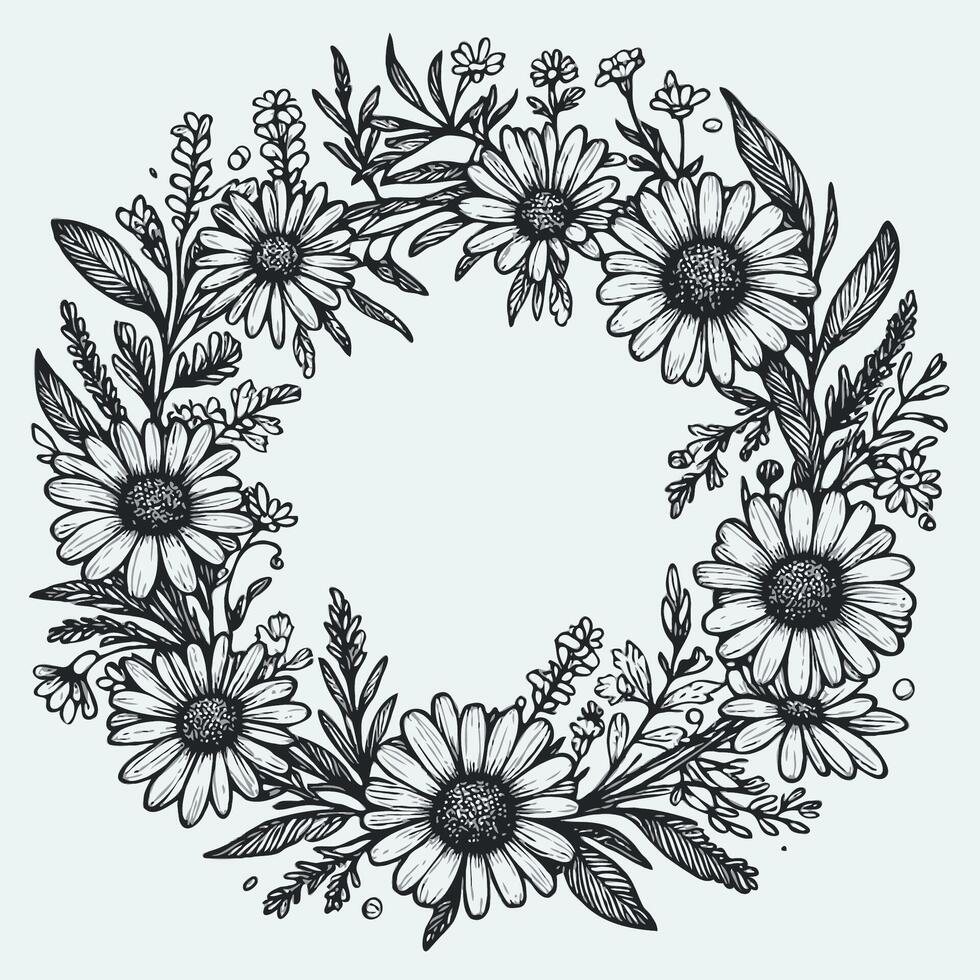 Wreath Of Flowers, Leaves Black And White Frame Illustration, Set Of Decorative Elements Of Plants, Border Line Art, Contour vector