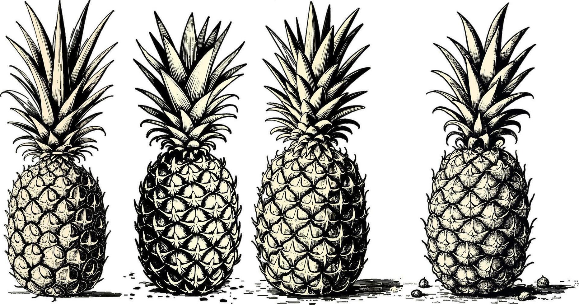 Detailed vintage engraving of a pineapple in black and sepia tones with intricate linework. Retro-style pineapple illustration featuring fine engraving in black and sepia hues., illustration vector