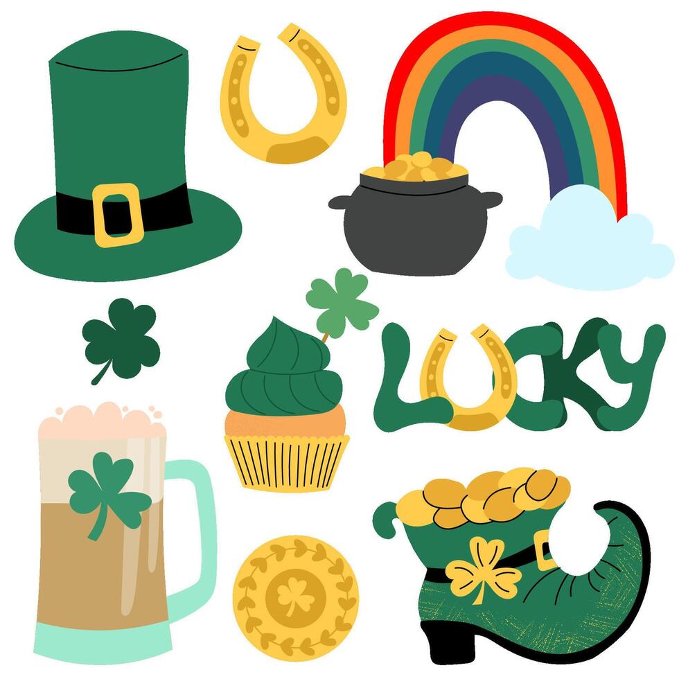 Set of symbols and elements for St. Patrick's Day. Lucky quote phrase, Pot with the golden coins, Leprechaun's boot. Ireland Feast day. vector